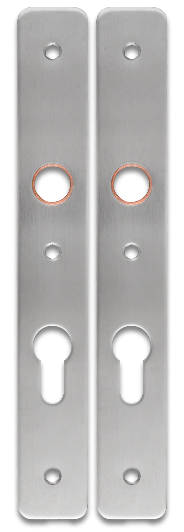 Lang skjold smal profil for fallsylinder 2x 230x32x2mm i rustfritt stål 304 med messingring C/C92