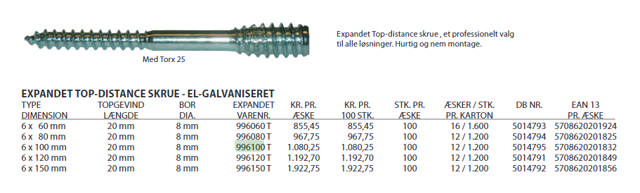 EXP Top-Distance skrue 6x100 mm TX25 PK med 100 stk.