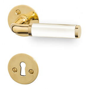 Dørhåndtak Funkis 383 m/sett (1980+81) Messing Polert Uten lakk Hvit Bakelitt Ø2