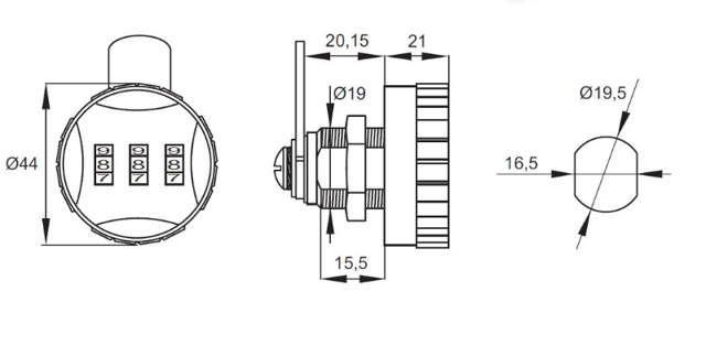 Siso kodelås Ø44MM sort/grå 19x16 mm med 15 mm gjengelengde.